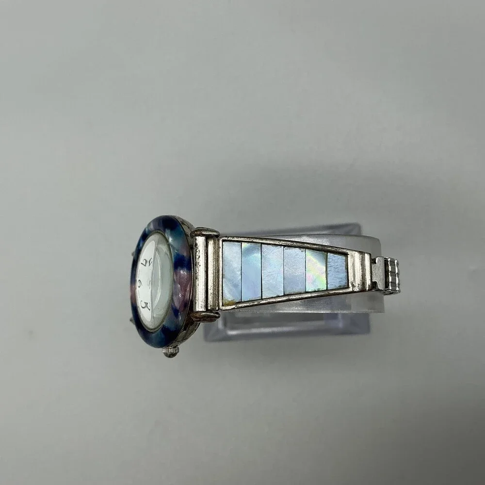 Avon F69038-1/P Women Watch 27mm Silver Tone Blue Bezel Stretch Band New Battery